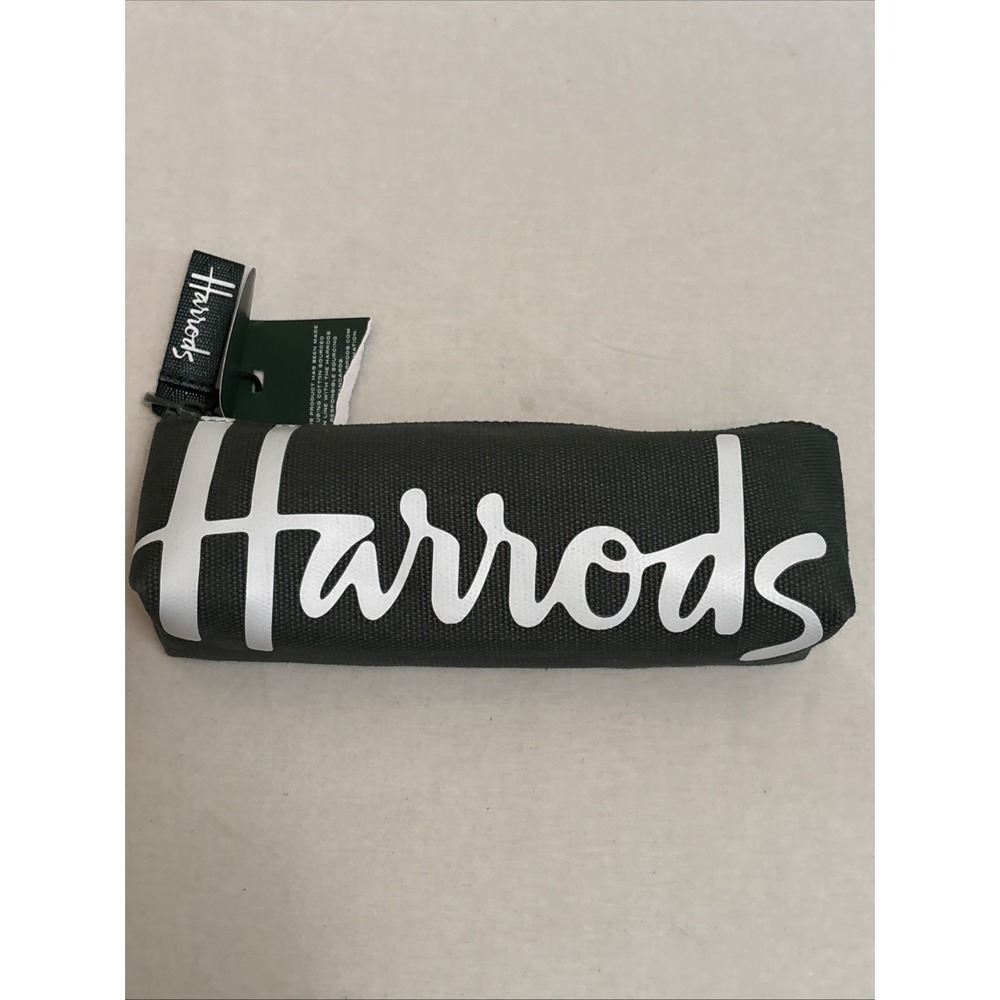 Harrods London Green Logo Fabric Pencil Pouch Accessory Case Zipper New